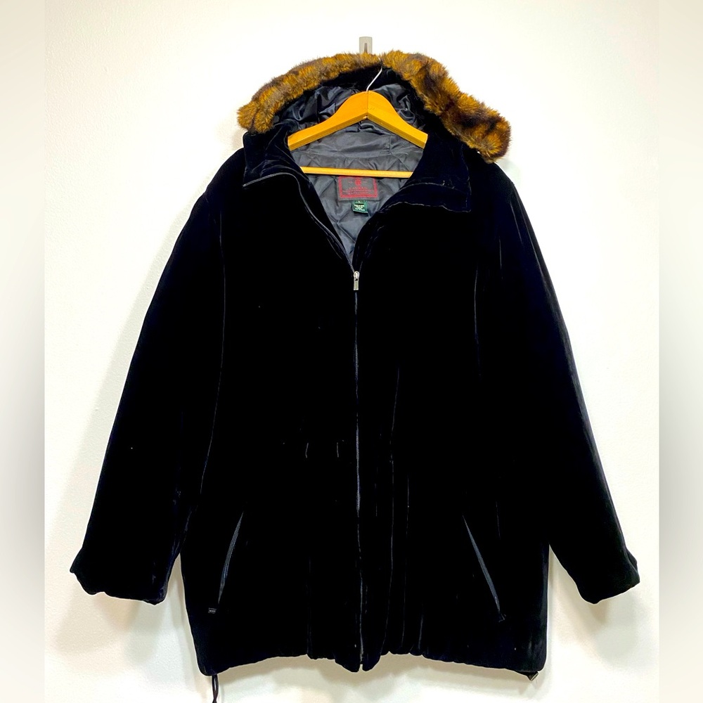 WOMENS LAUREN RALPH LAUREN BLACK VELVET SILK HOODED COAT PARKA FAUX FUR Size L
